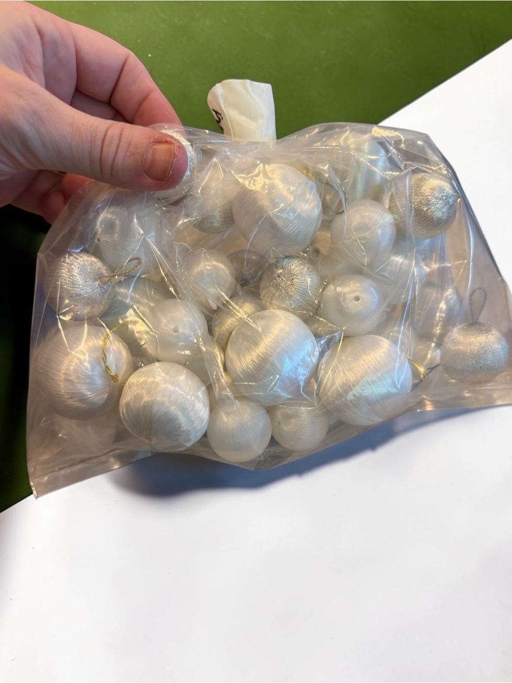Vintage Satin Ornament Lot 25+pc White Silver Thread Wrapped Christmas Balls